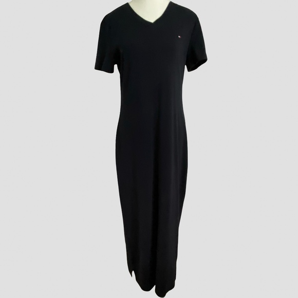 Tommy Hilfiger Black V-neck Cotton T-Shirt Midi/Maxi Lounge Dress-Sz-M - Picture 1 of 15